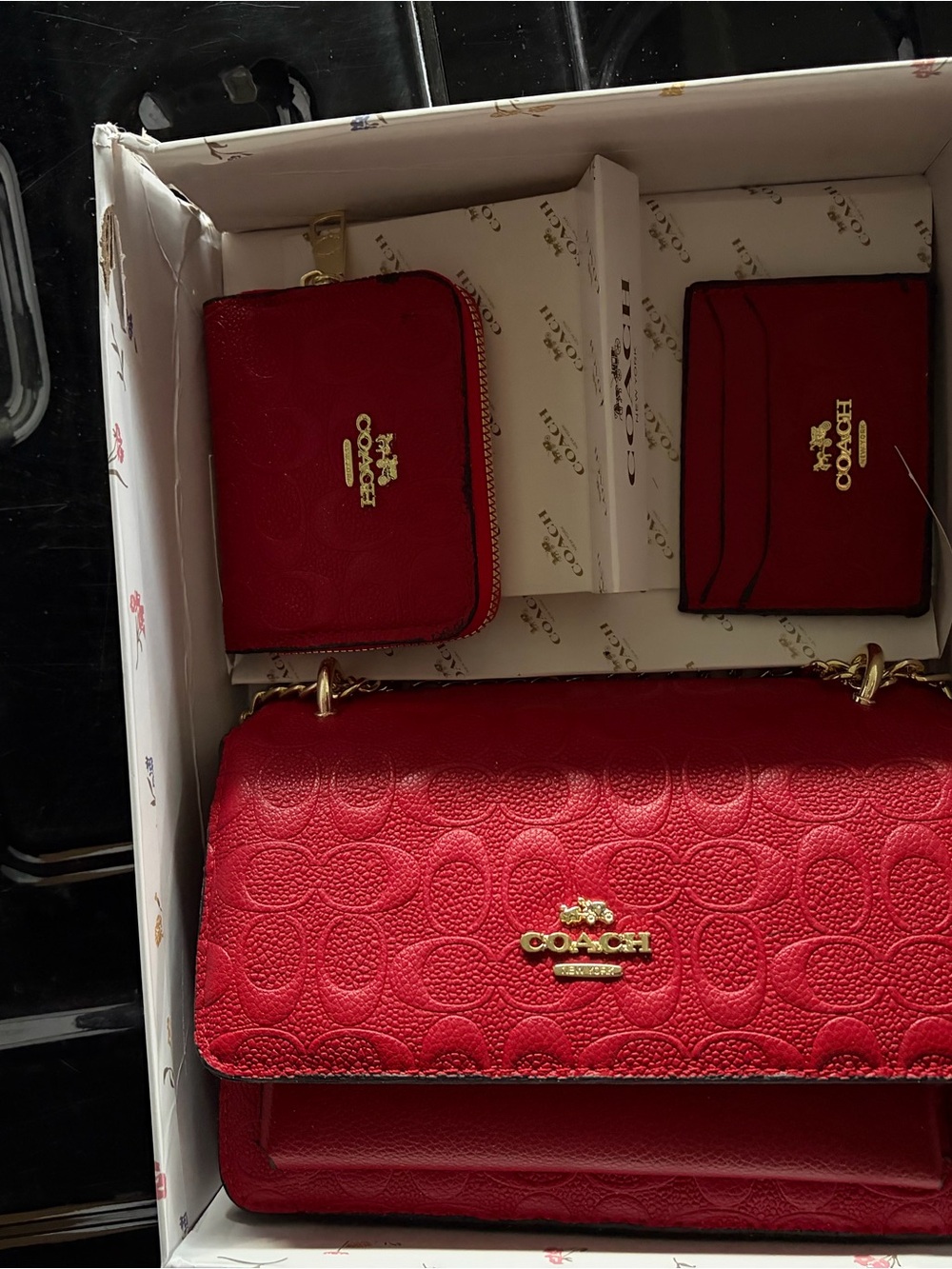 Coach Red Signature Leather Shoulder Bag with Matching Wallet Set